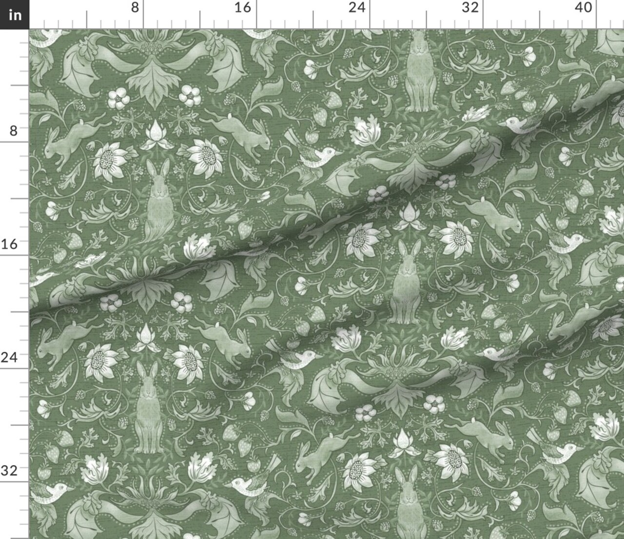 Sage Woodland Damask Rabbits Flowers Birds Victorian Cottage English Monochrome Arts And Crafts Cottagecore Countryside Forest Custom Printed Fabric by Spoonflower Various Fabrics by the Yard or Fat Quarter